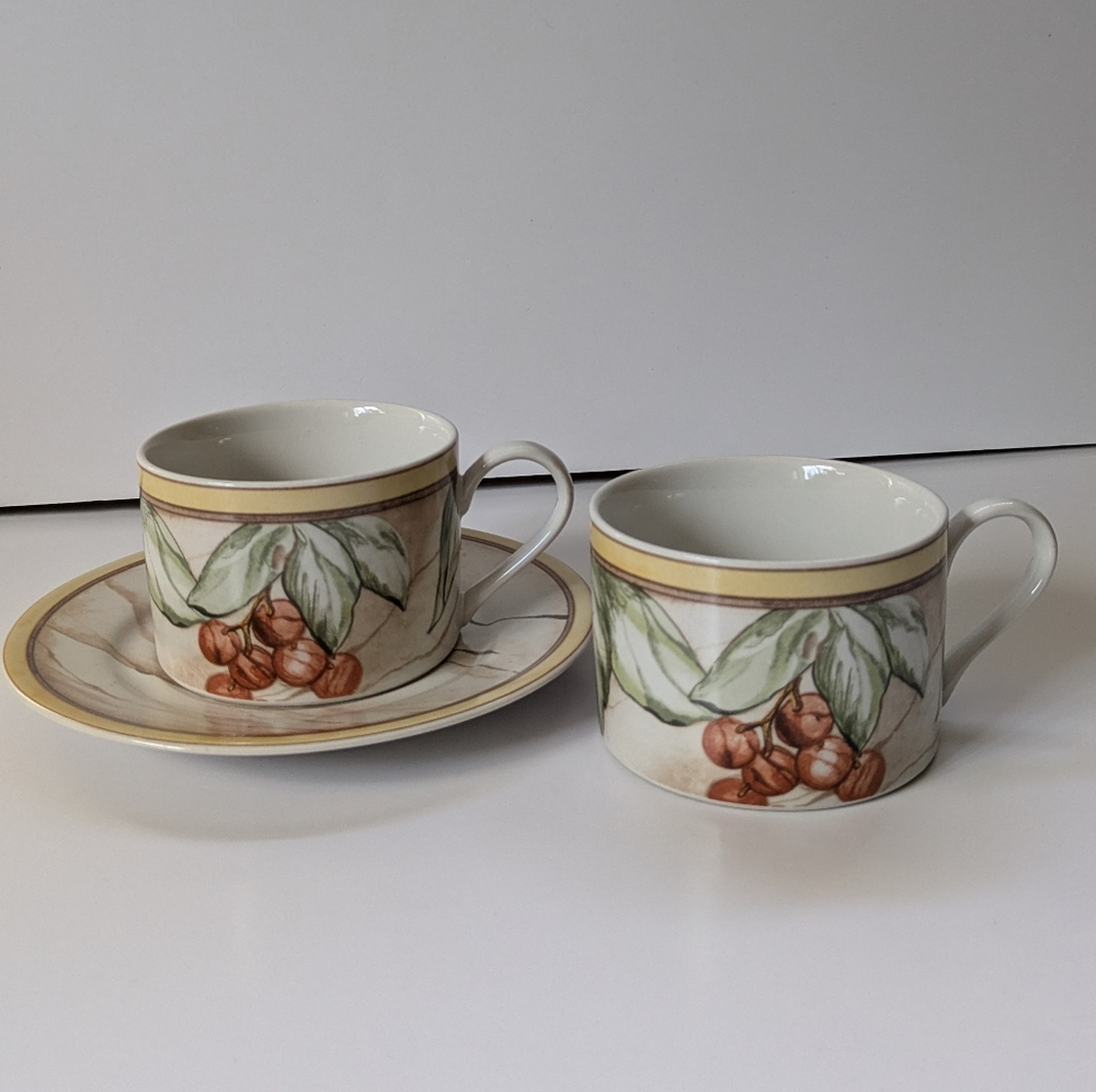 American Atelier Pompeii Fruit 2 Coffee Cups 1 Saucer 5019 Stoneware Cottagecore